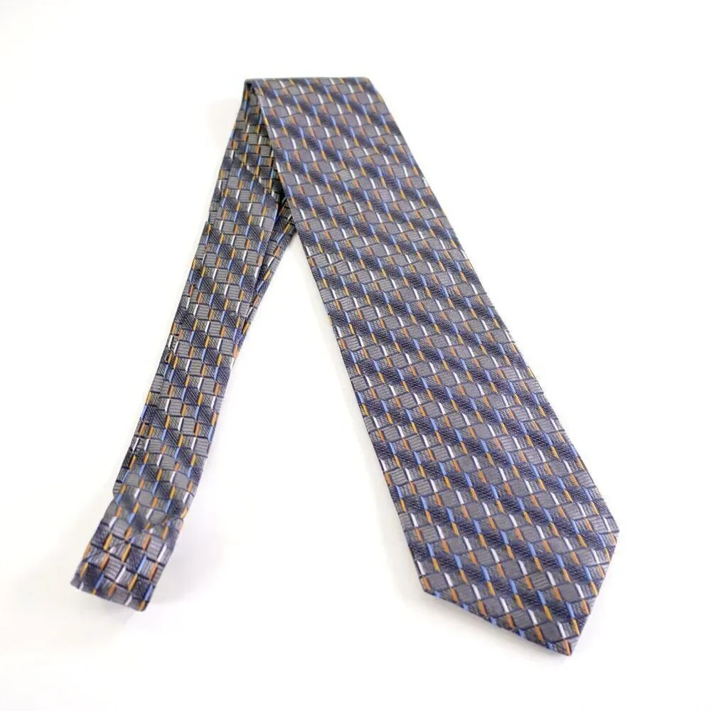 Carlo Palazzi Couture Woven Gray Blue Orange Geometric‎ Wide Silk Tie